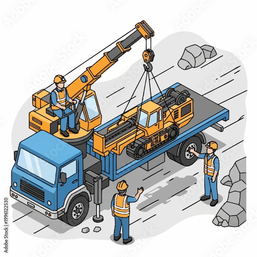 Construction workers loading heavy machinery onto a flatbed truck using a crane.