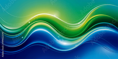 Abstract waves of green, blue, and gold gracefully flow and overlap, creating a mesmerizing blend of textures.
