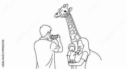 Line drawing of a man photographing a woman holding a baby next to a giraffe on a white background with simple illustrations.