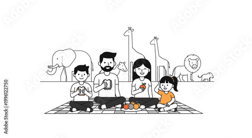 A diverse family with two children sitting on a blanket with zoo animals in a simple line drawing style against a clean white background.