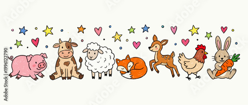 Cute farm kids woodland animal print set, hand drawn childish cartoon naive pig illustration. Wax crayon scribble funny animal, kindergarten nursery playful decor. Cute colorful cow sheep character