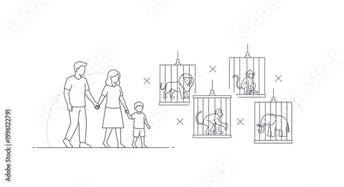 Line drawing of a family standing near caged birds, conveying a sense of freedom and captivity in a simple, illustrative style with a neutral mood against a clean white background.