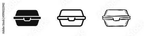 Takeaway Food Container Box Icon Set - Solid, Outline, and Hand-Drawn Styles