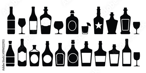 A black and white illustration depicts various liquor bottles and glasses arranged in rows on a table indoors.