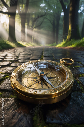 Vintage golden compass lying on a wet stone path in a misty forest with sun rays through trees