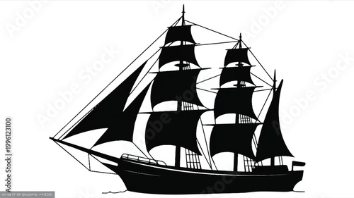 A black and white silhouette illustration of a large sailing ship on the open sea at sunset