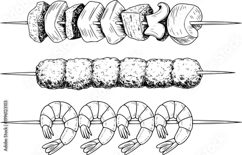 Hand-drawn skewers of meat, meatballs, and shrimp white background, food