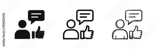 Positive Customer Feedback Person Icon Set - Solid, Outline, and Hand-Drawn Styles
