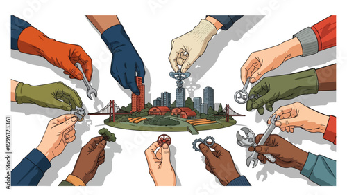 Фотография Diverse workers hands build city skyline with teamwork pride and freedom, showcasing labor day spirit through collaborative industry effort unity