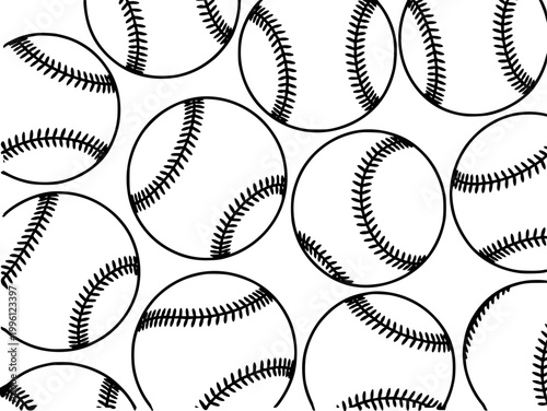 Seamless pattern of black outline baseball balls white background, sport theme game