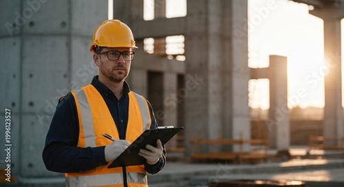 Focused supervisor in hard hat and vest inspects construction site