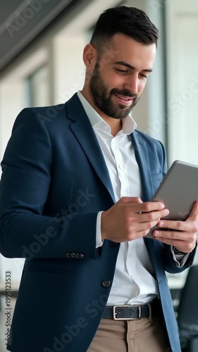 Happy professional successful business man using tablet and working in office.