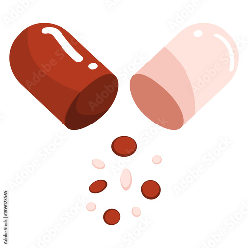 Open medical capsule in dark red and light pink, with small medicinal granules spilling out, isolated on white.