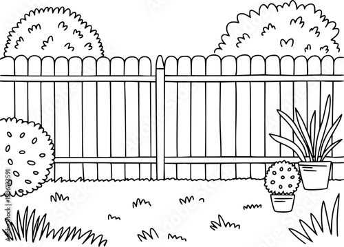Simple black and white outline of a picket fence with garden bushes and potted plants