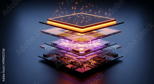 Layered microchip processor circuit board components glow with internal light. Futuristic tech schematic visualizes data processing architecture and intricate electronic hardware design