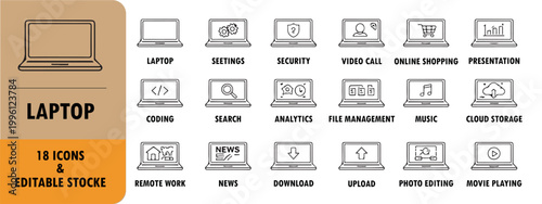 Laptop and Digital Technology Icon Set with Editable Work and Computing Symbols
