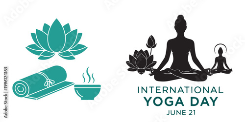 International yoga day illustration with lotus silhouette and wellness elements
