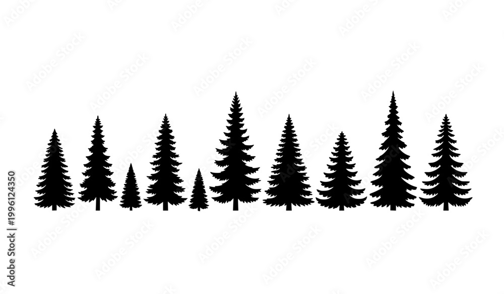 Obraz premium Minimal monochrome conifer tree vector set with pine fir and spruce silhouettes on white background