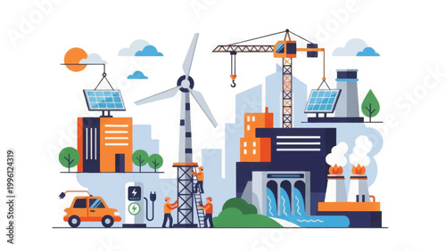 Sustainable Energy City Concept. Green City Infrastructure with Renewable Power Generation (Wind, Solar, Hydro) and EV Charging Station.