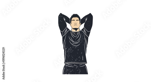 Man stretching neck and shoulders, relaxed pose, isolated on white background