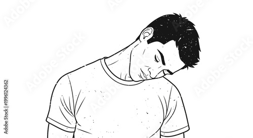 Man stretching neck, black and white illustration