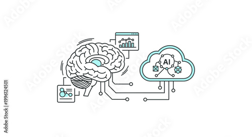Illustration of a brain with AI icons and circuit lines connecting to a cloud on a white background with a technological mood.