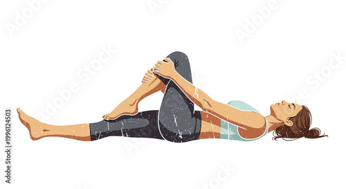 Woman doing lying knee-to-chest yoga pose illustration