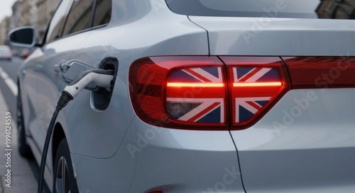 Silver electric car charging, taillight displays Union Jack