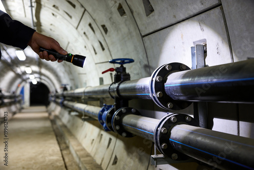 Fotografía Worker inspects large industrial pipes in a concrete tunnel with a flashlight