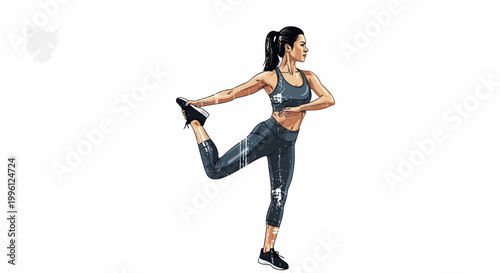 Woman stretching and balancing in athletic wear, full body, white background