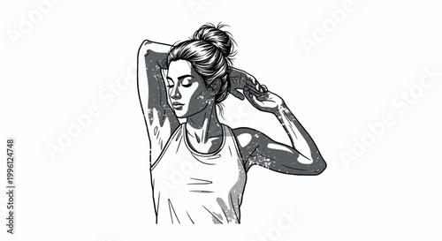 Woman stretching arms behind head, sketch style, monochrome