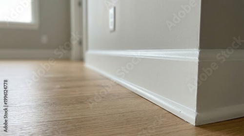 Smartphone lens capturing closeup of unblemished baseboard detail surrounding empty room and blurred fixtures emphasizing meticulous documentation.