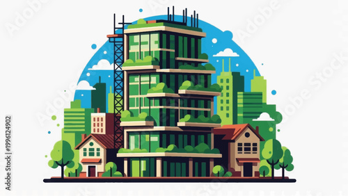 Sustainable Green Building Under Construction. Eco-Friendly Architecture, Urban Development, and Environmentally Conscious City Planning Vector Illustration.