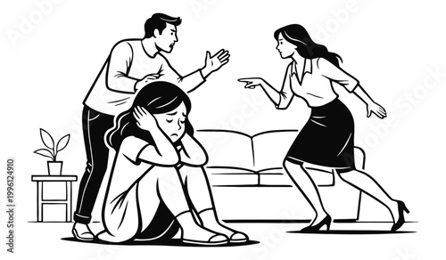 Family Conflict and Child Stress Mental Health Line Art Illustration