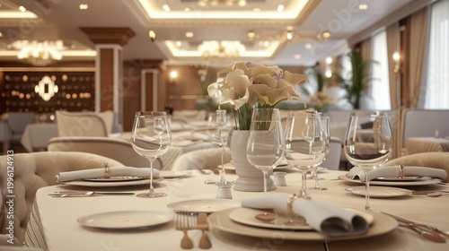 Elegant table setting with a banquet table decorated with floral arrangements in beige tones.