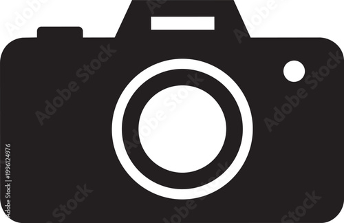 Minimalist camera icon vector, black digital photo camera silhouette, professional photography equipment symbol for web and app UI design