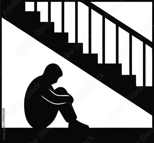Person Hiding Under a Staircase Silhouette VectorPerson Hiding Under a Staircase Silhouette Vector