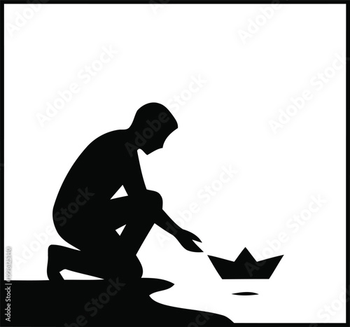 Person Floating a Paper Boat Silhouette VectorPerson Floating a Paper Boat Silhouette Vector