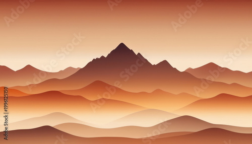 Stylized mountain landscape with layered silhouettes in warm tones. Minimal composition with smooth gradients, calm, atmospheric scene, for backgrounds, travel themes, posters, modern design projects
