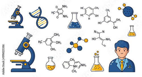 Science and Chemistry Icons: Microscopes, DNA, Molecules, Flasks, Scientist