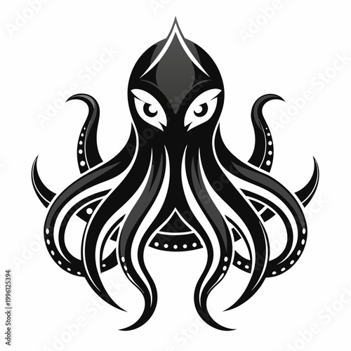 A black and white illustration of an octopus with a menacing gaze and tentacles, set against a plain background, evoking a sense of mystery and danger.