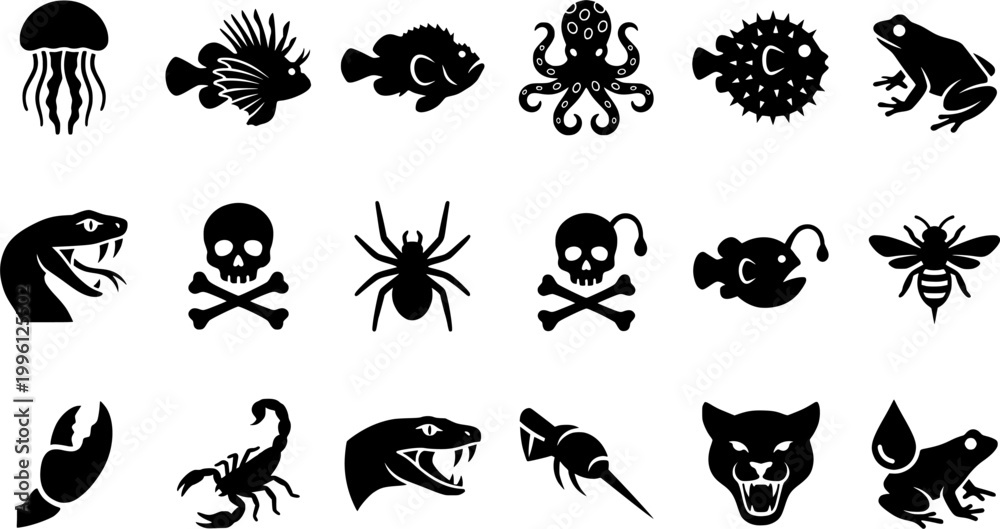 Obraz premium 18 Black and White Animal Venom Toxin Vector Icons Flat Line Art Set 