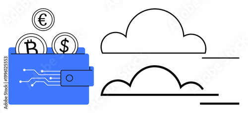 Cryptocurrency, cloud technology, fintech, digital storage, online payment systems, blockchain innovation. A wallet with digital currencies and abstract cloud shapes. Cryptocurrency and cloud