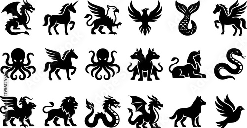 18 Black and White Mythological Legendary Animal Vector Icons Flat Line Art
