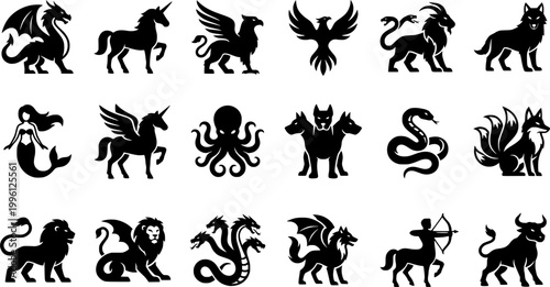 18 Black and White Mythological Legendary Animal Vector Icons Flat Line Art

