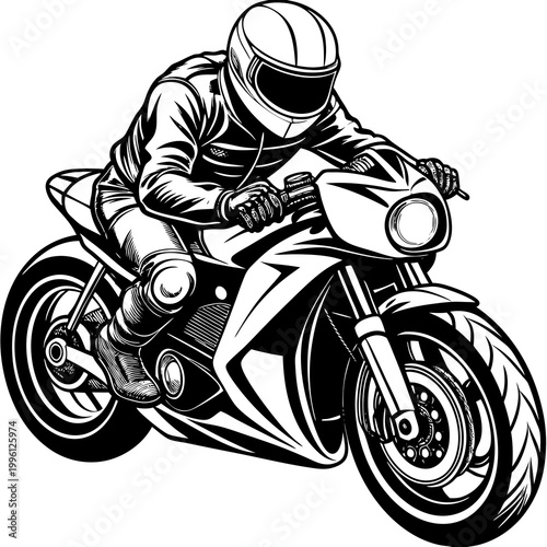 Motorcyclist in racing gear speeding on a sleek bike with a bold black and white design on a clean background