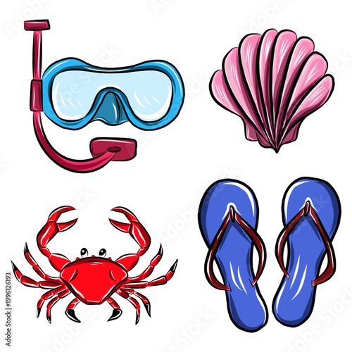 Vector color hand drawn set illustration, summer vacation accessories, black line art on white background