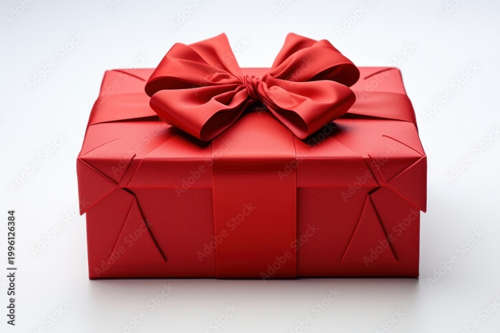 Obraz premium Red gift box wrapped with satin ribbon and bow on a white background
