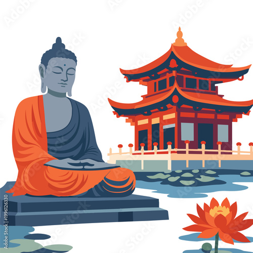 Meditating Buddha Statue with Asian Temple and Lotus Flower Flat Vector Illustration