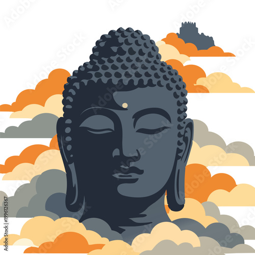 Serene Buddha Face with Colorful Clouds Flat Vector Illustration